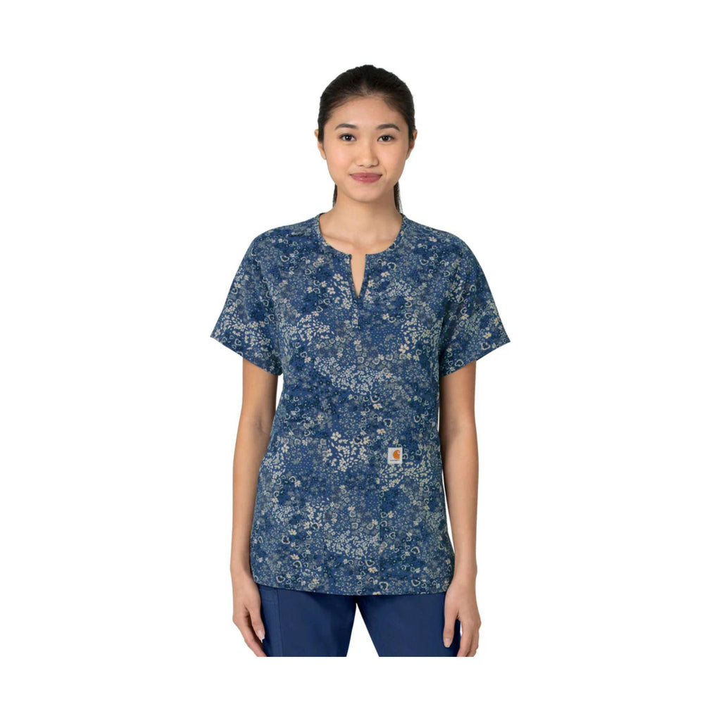 Carhartt Women's Notch Neck Print Scrub Top - Mini Floral Navy - Lenny's Shoe & Apparel