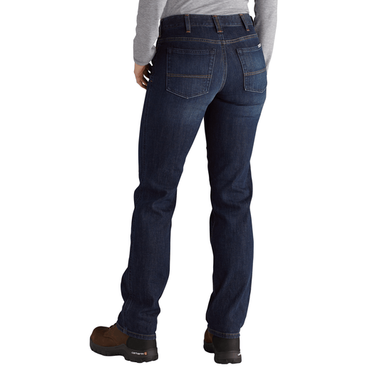 Dark wash women’s straight-leg jeans shown from the back with contrast stitching and boot-style work shoes