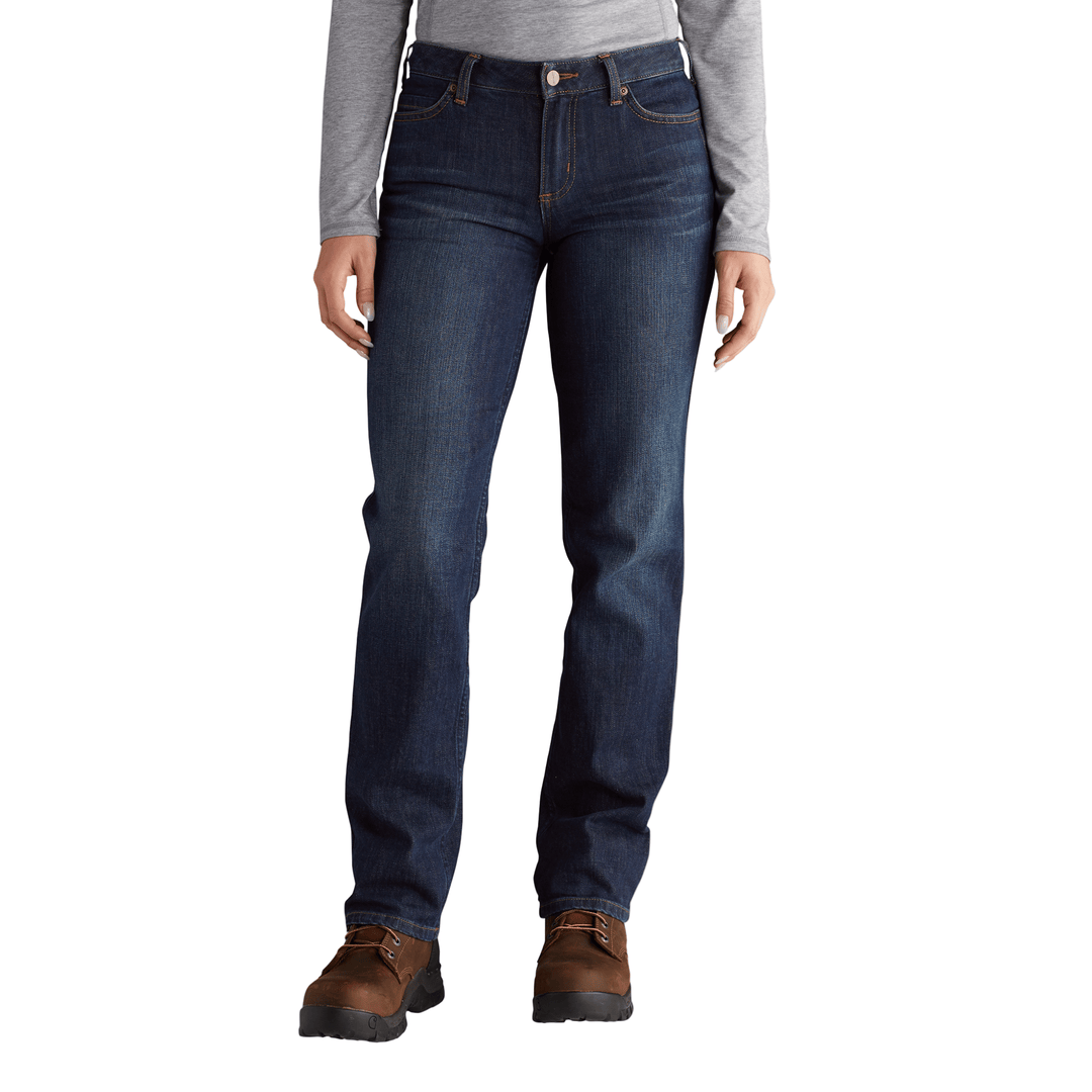 Dark wash straight-leg jeans with a mid rise, shown on a model with brown lace-up boots