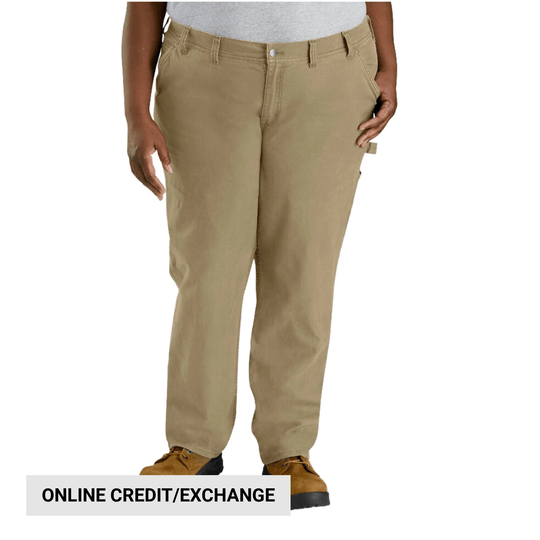 Khaki straight-leg work pants with front pockets and visible stitched seam details