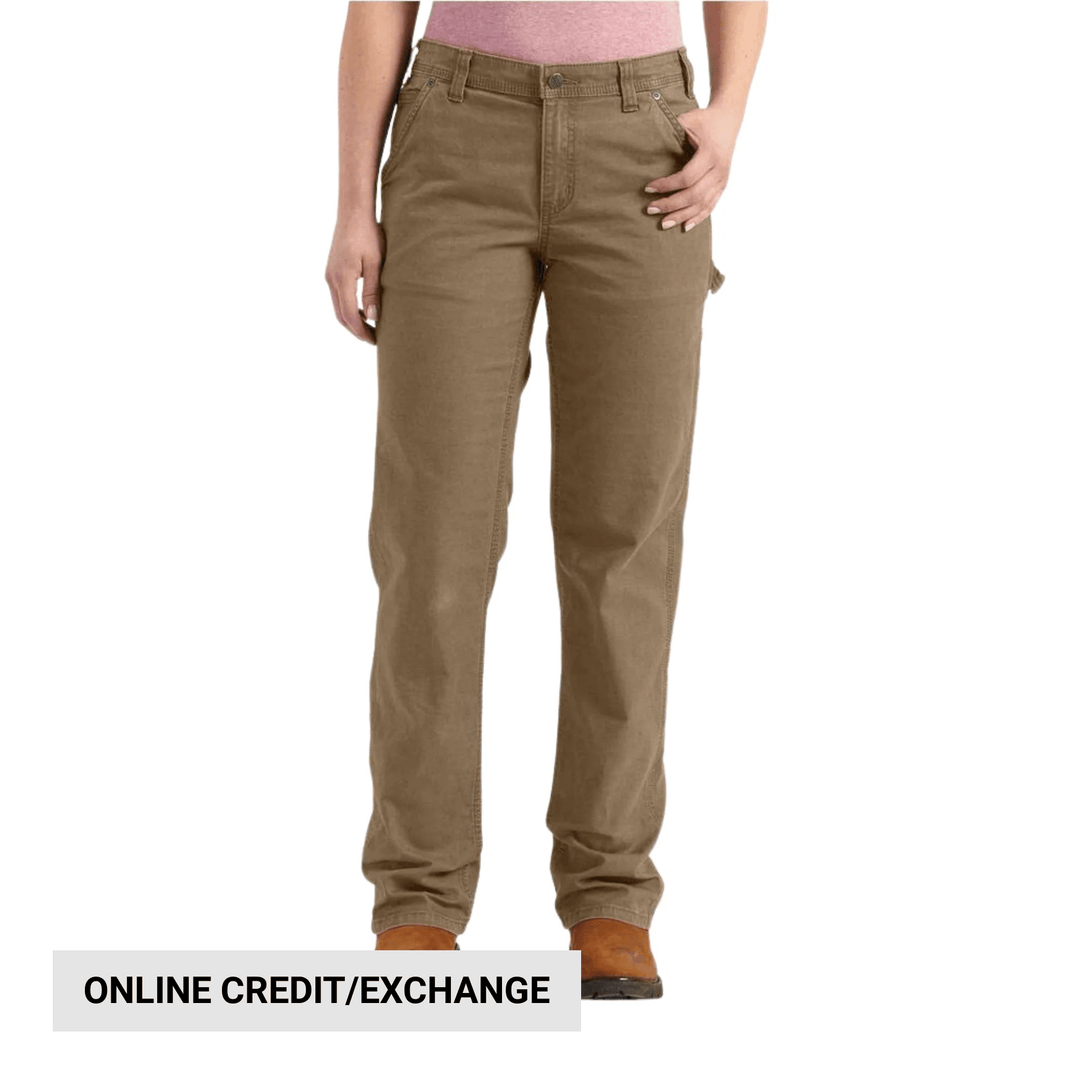 Tan straight-leg pants with a front button and zip fly, shown on a model