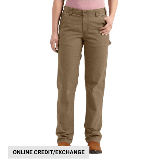 Tan straight-leg pants with a front button and zip fly, shown on a model