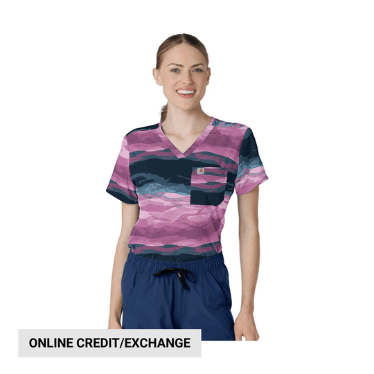 Women’s V-neck scrub top with pink, navy, and blue abstract print and chest pocket
