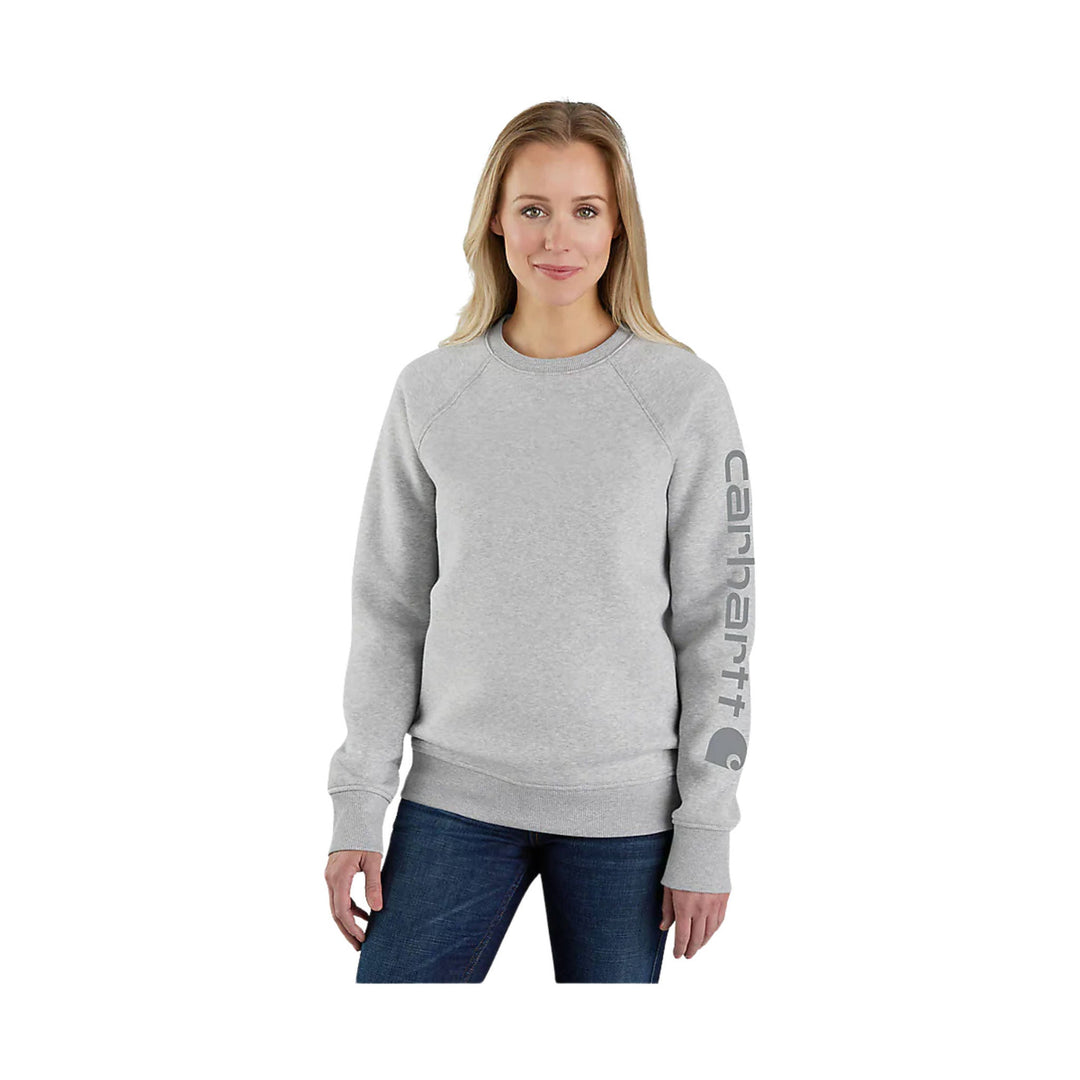 Heather gray crewneck sweatshirt with long sleeves and vertical sleeve logo