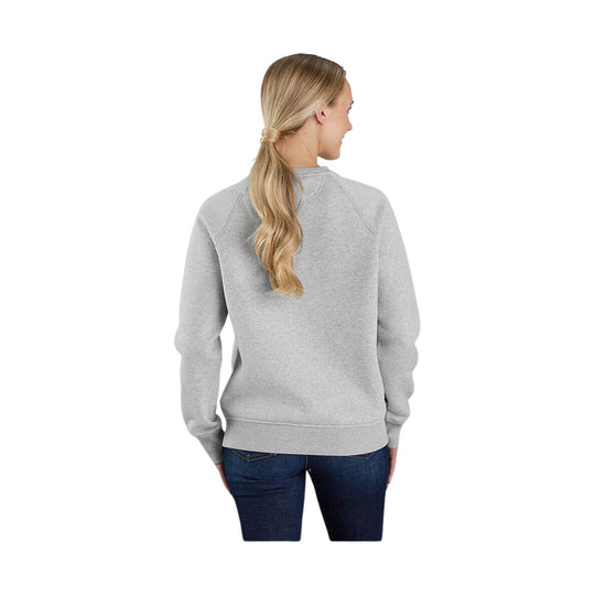 Heather gray crewneck sweatshirt shown from the back on a model wearing jeans