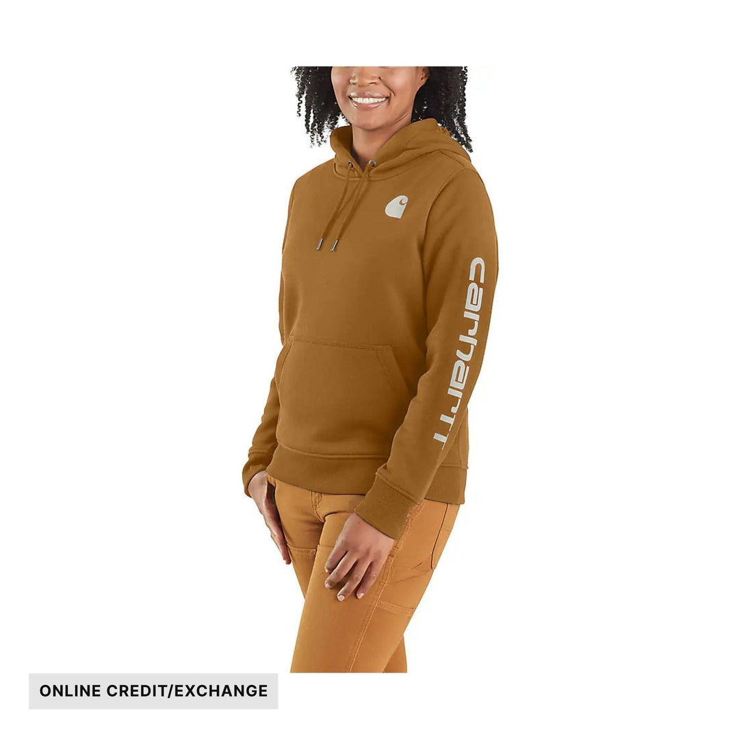 Brown hooded sweatshirt with a front kangaroo pocket and logo lettering down the sleeve
