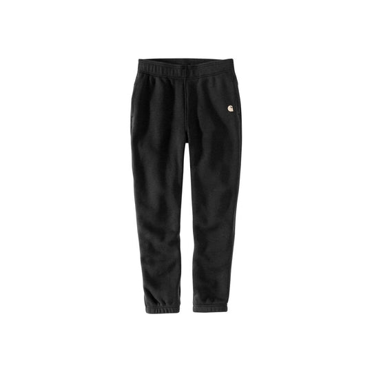 Black fleece jogger sweatpants with tapered legs and a small chest-logo patch