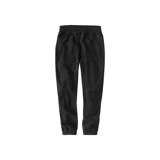 Black tapered sweatpants with elastic cuffs and a zip pocket on the back waist