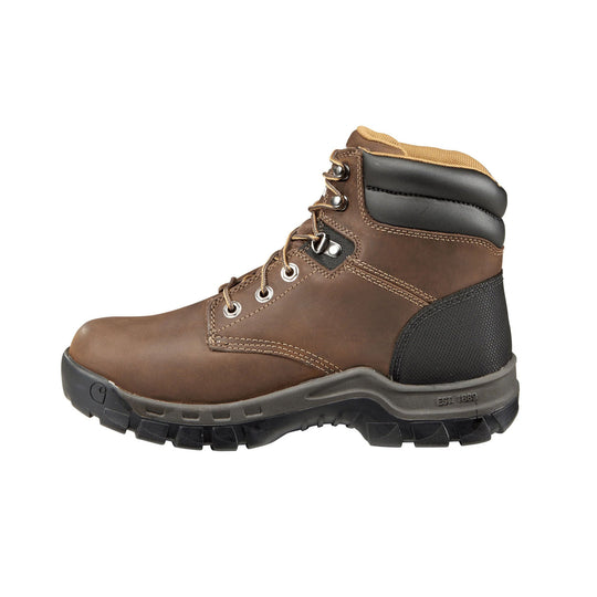 Brown leather work boot with black padded collar, metal eyelets, and lug sole
