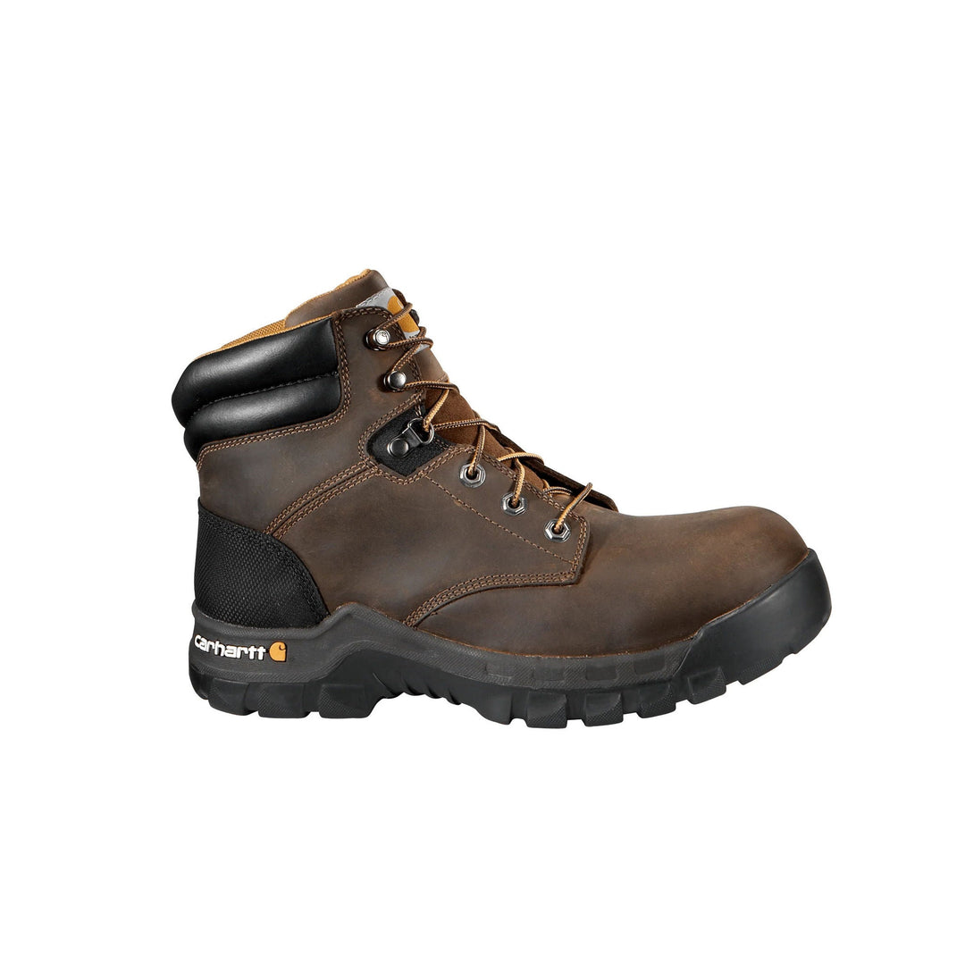 Brown leather lace-up work boot with black padded collar and rubber toe cap, side view