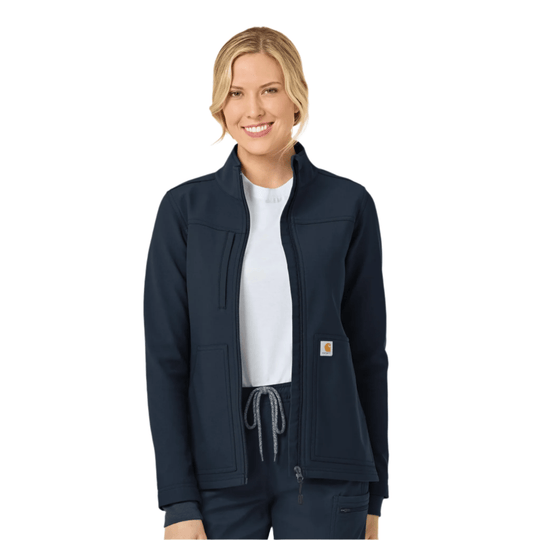 Navy zip-front scrub jacket with chest and hip pockets