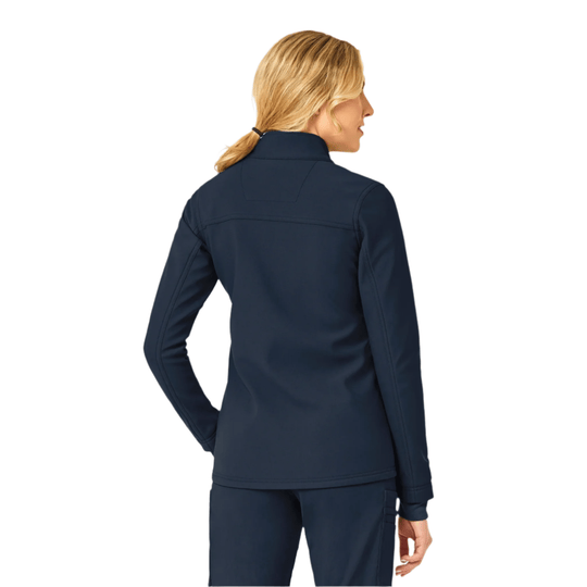 Navy women’s zip-up jacket shown from the back with a stand collar and long sleeves