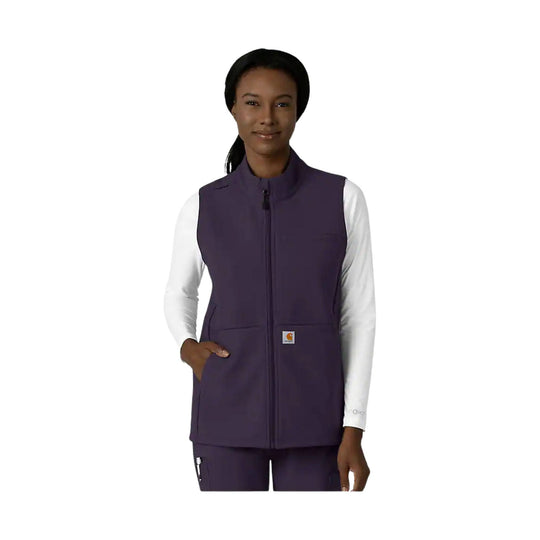 Women's dark plum zip-front vest over a white long-sleeve shirt, shown front view