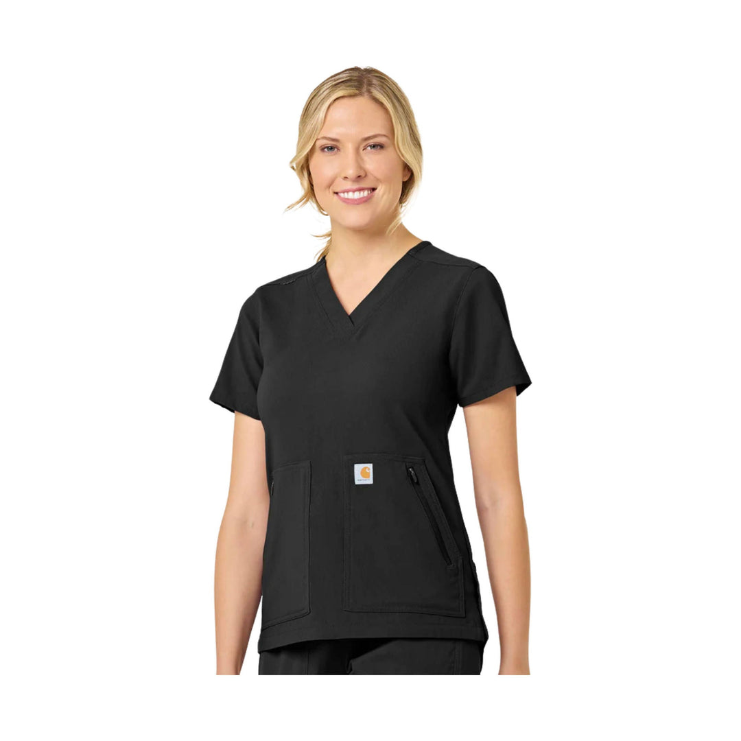 Black V-neck scrub top with short sleeves and four front pockets