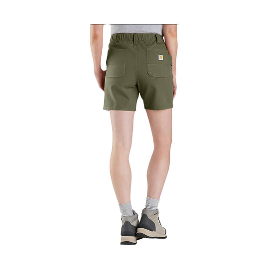 Olive green canvas work shorts with elastic waistband, back patch pockets, and a small Carhartt logo patch