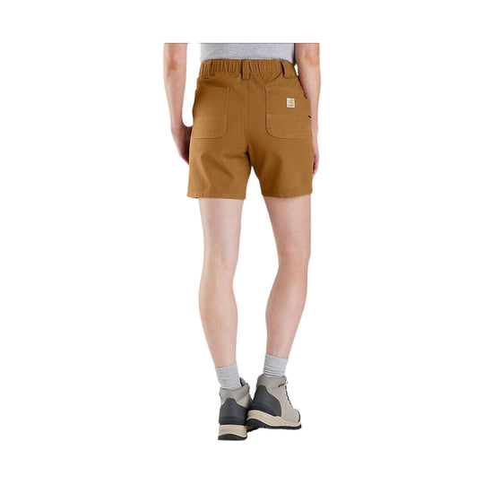Brown canvas work shorts with back patch pockets and small logo patch