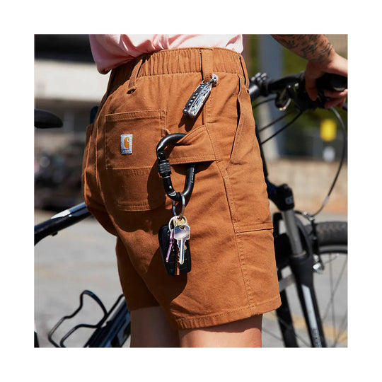 Brown canvas work shorts with side cargo pocket and hanging key clip