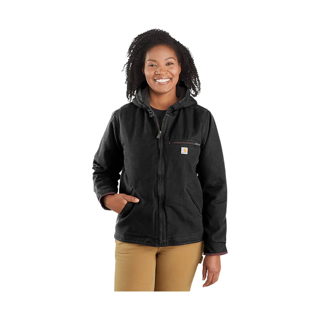 Black hooded work jacket with front zipper, chest pocket, and hand pockets