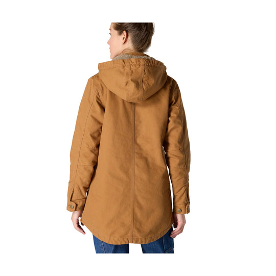 Brown hooded sherpa-lined coat shown from the back