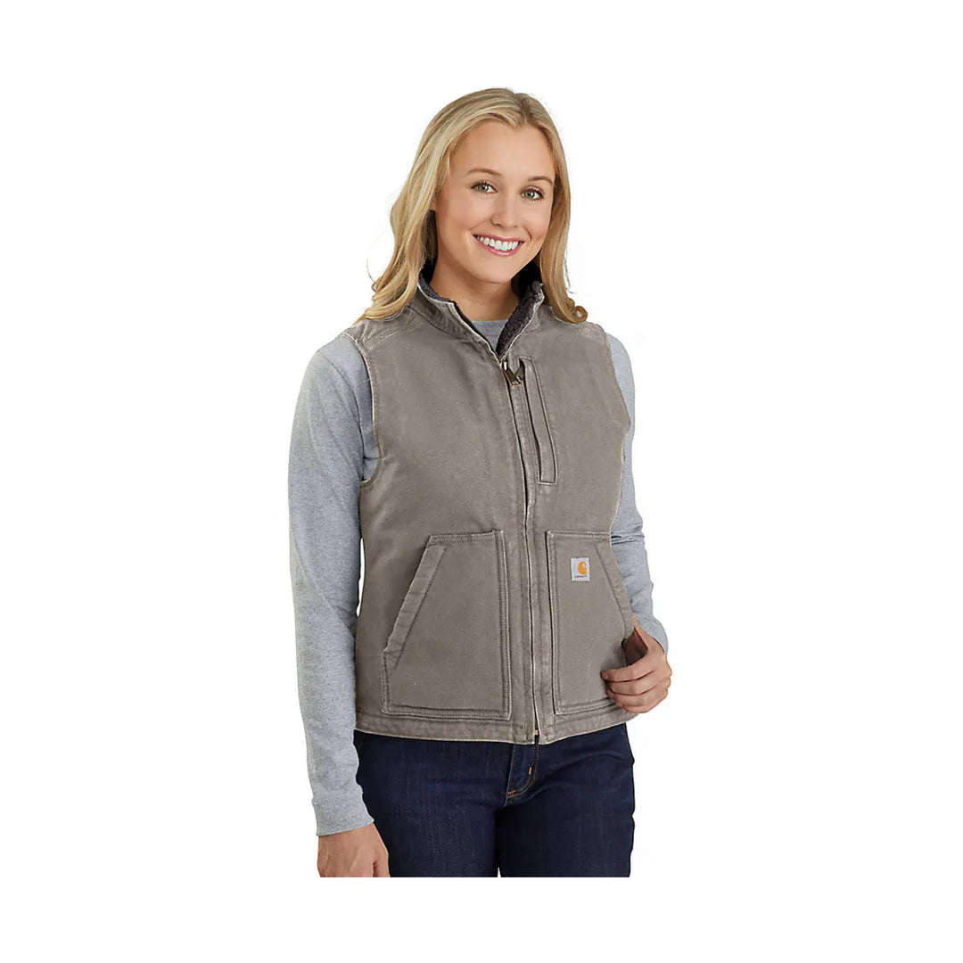Taupe fleece-lined vest with front zipper and large patch pockets