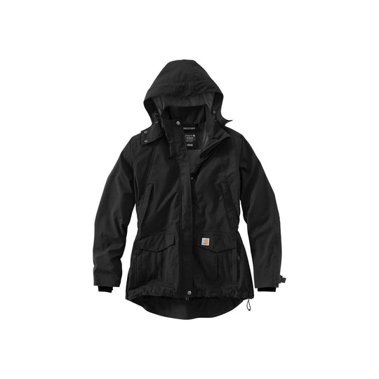 Black hooded jacket with front snaps, flap pockets, and a longer back hem