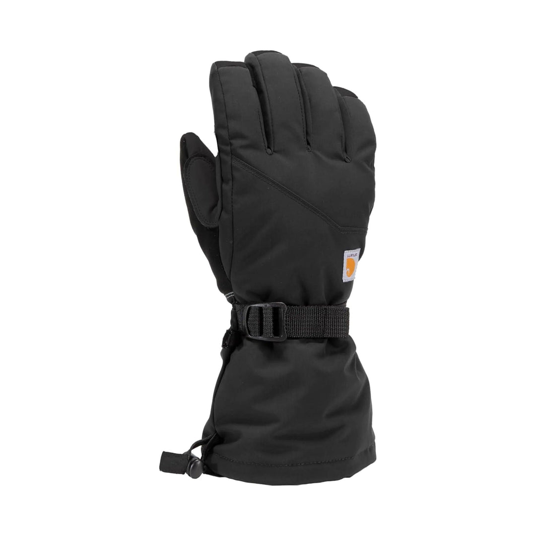 Black insulated gauntlet glove with long cuff, adjustable wrist strap, and small logo patch