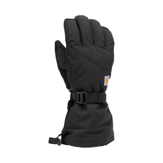 Black insulated gauntlet glove with long cuff, adjustable wrist strap, and small logo patch