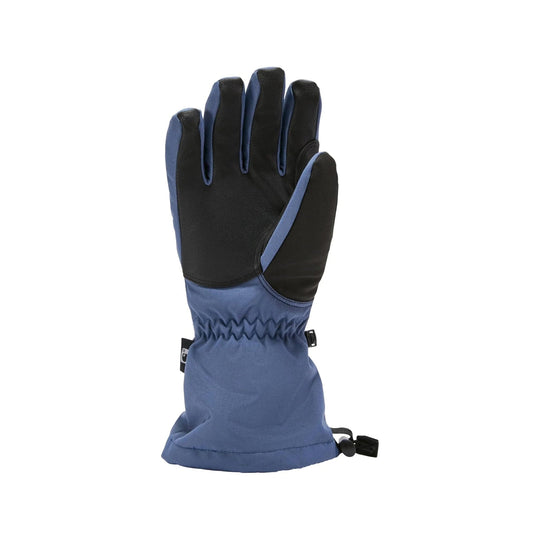 Blue and black insulated gauntlet glove with elastic cuff and drawcord