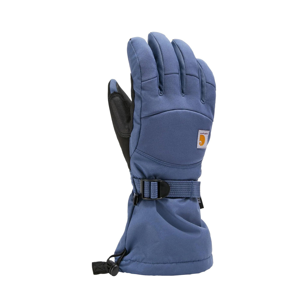 Blue insulated winter glove with black palm and wrist strap