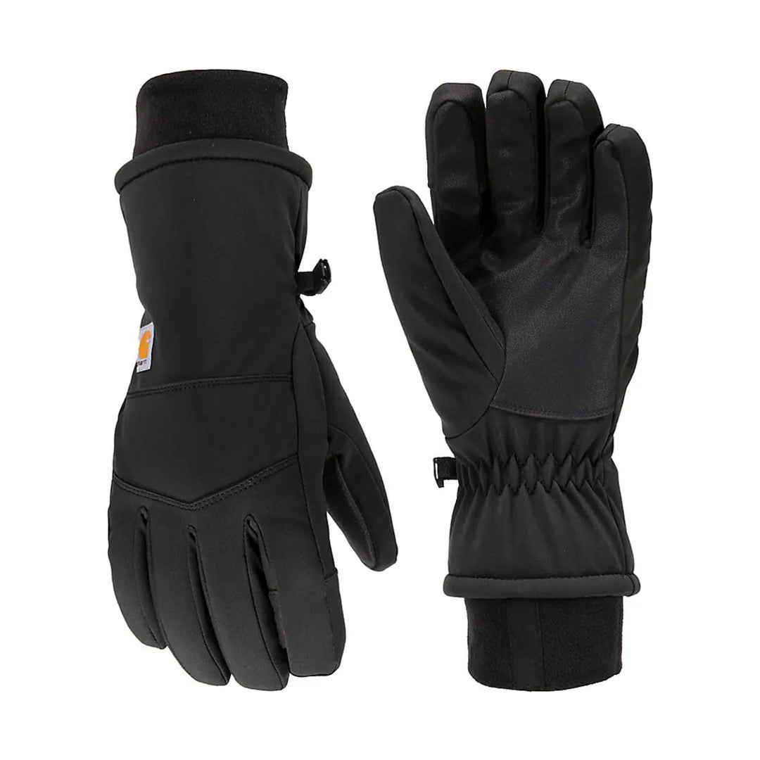 Black insulated winter gloves shown front and back