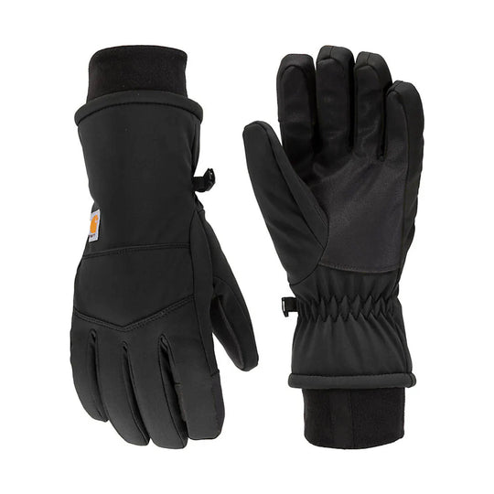 Black insulated winter gloves shown front and back