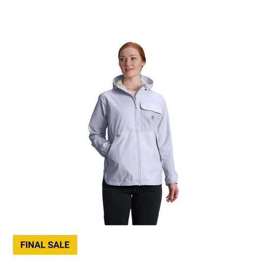 Light gray hooded zip-up rain jacket with chest pocket and black pants