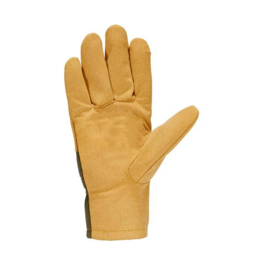 Tan suede work glove shown palm side with thumb extended