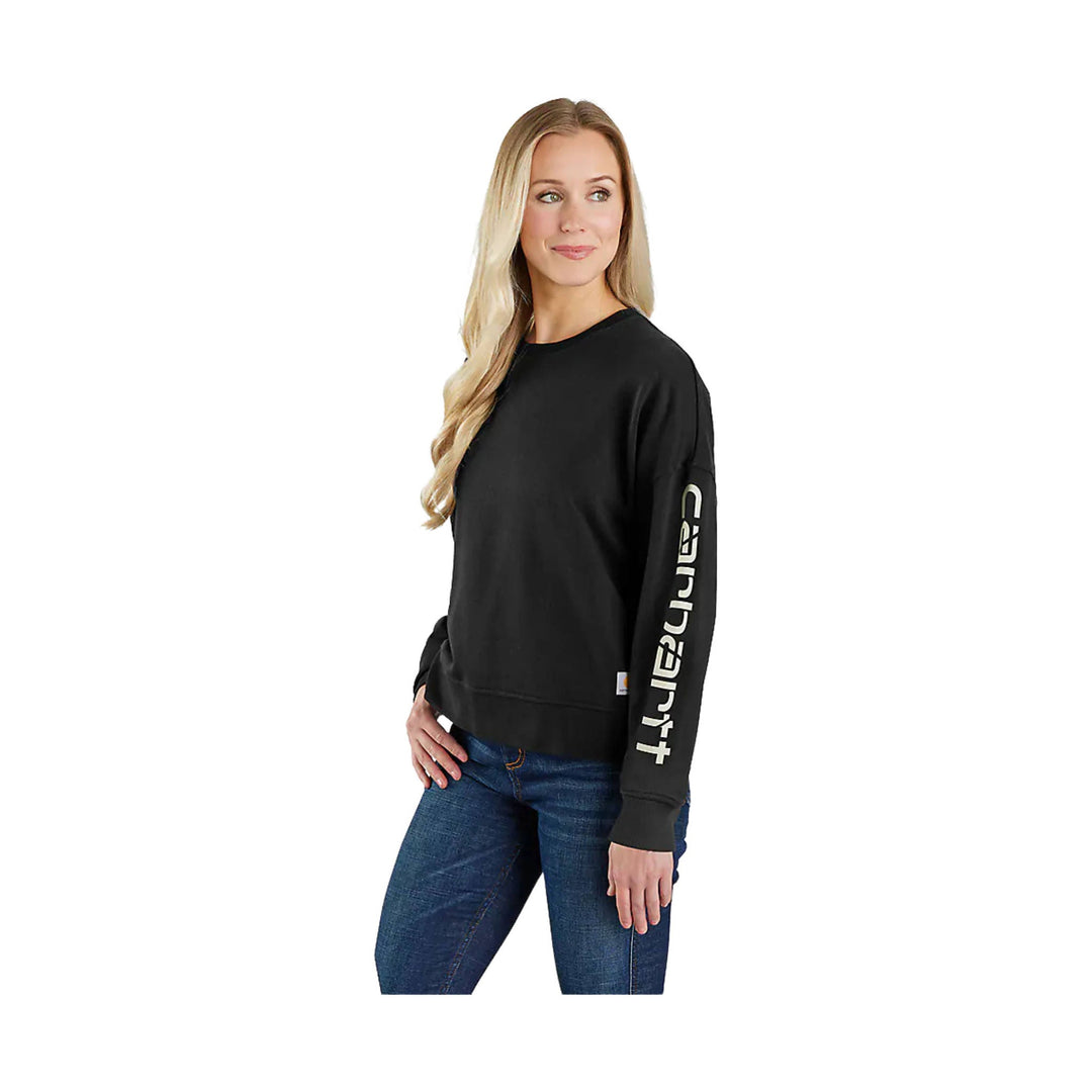Black long-sleeve sweatshirt with vertical sleeve logo, worn with blue jeans