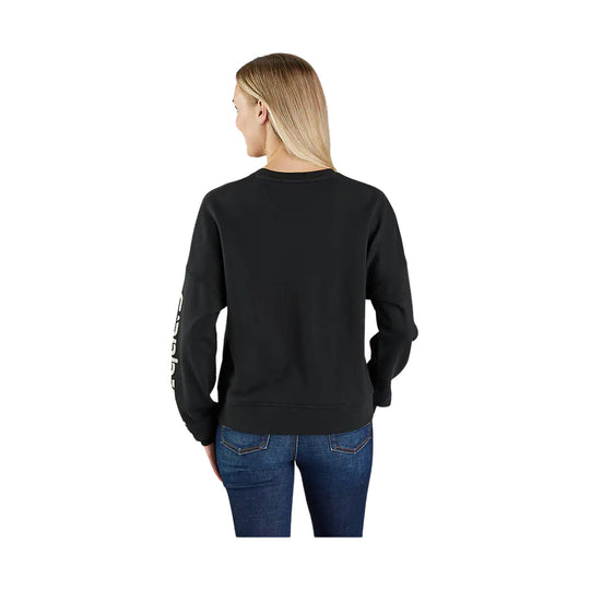 Black long-sleeve crewneck sweatshirt shown from the back, with white vertical text on the sleeve