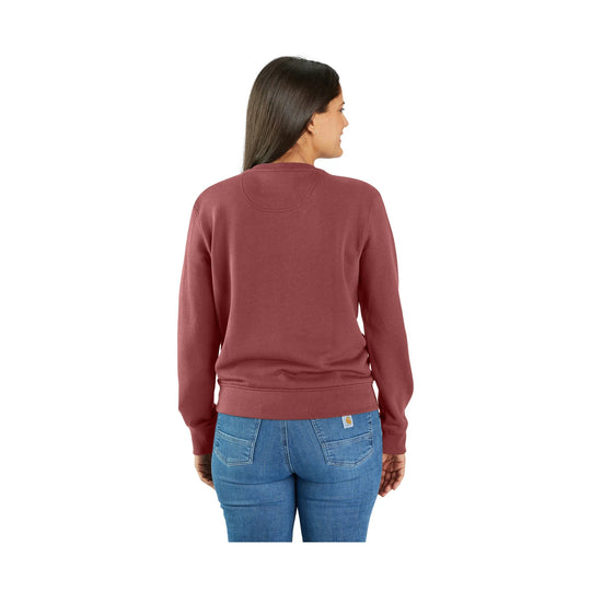 Dusty rose crewneck sweatshirt shown from the back, worn with blue jeans