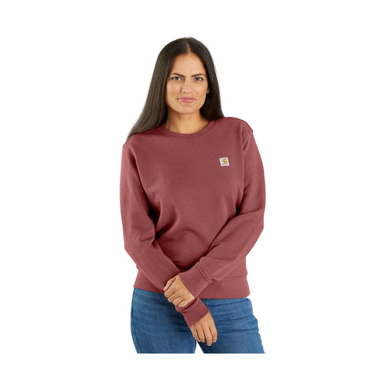 Mauve crewneck sweatshirt with small Carhartt logo patch