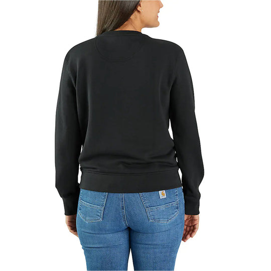 Black crewneck sweatshirt shown from the back, worn with blue jeans