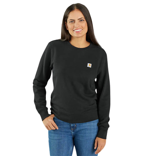 Black crewneck sweatshirt with a small chest logo patch, shown on a model