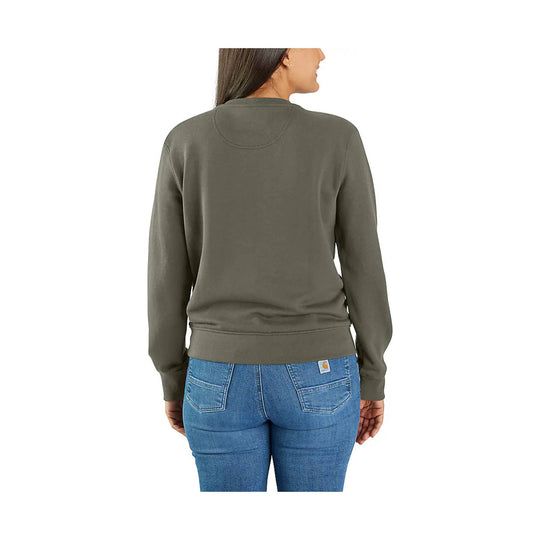 Dusty olive crewneck sweatshirt shown from the back with long sleeves and ribbed hem