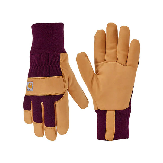 Tan and eggplant insulated work gloves shown front and back