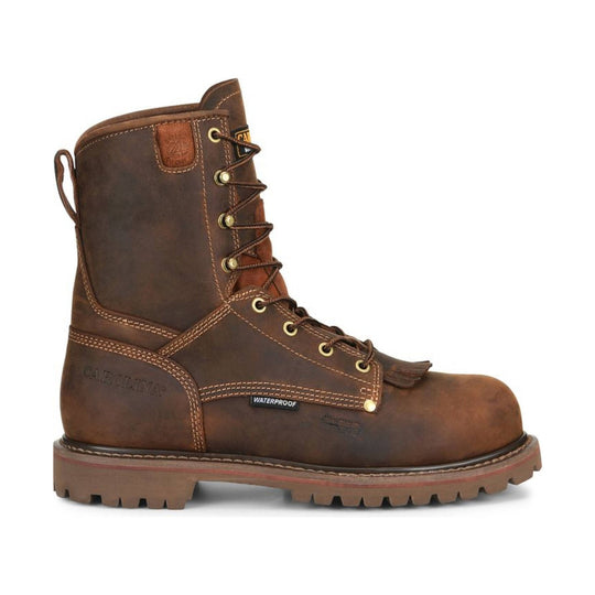 Brown leather lace-up work boot with a waterproof label and chunky lug sole
