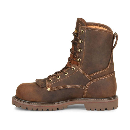 Brown lace-up work boot with a padded collar, metal eyelets, and lug sole