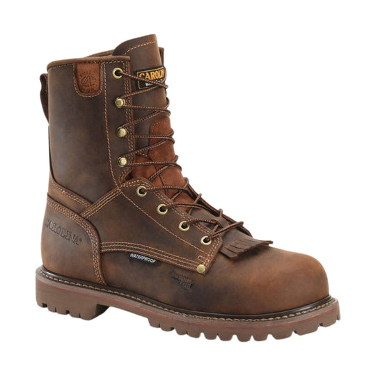 Brown leather lace-up work boot with gold eyelets, stitched panels, and lug sole