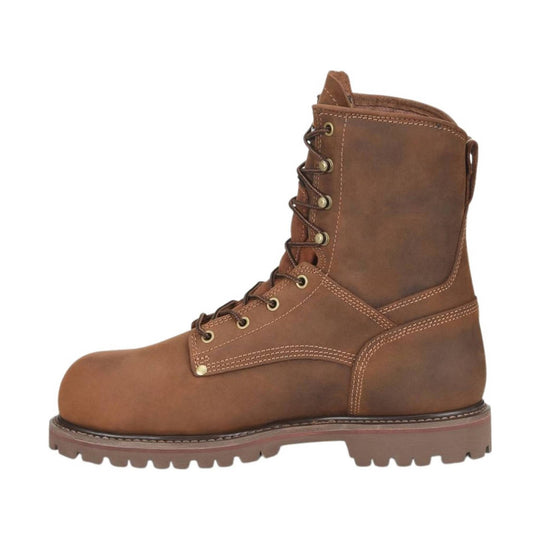 Brown leather boot with laces on a white background