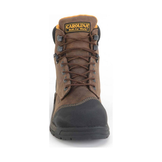 Brown work boot with black sole on a white background, featuring the Carolina logo.