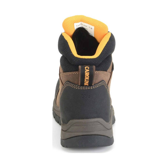 Brown and black work boot with yellow accents on a white background