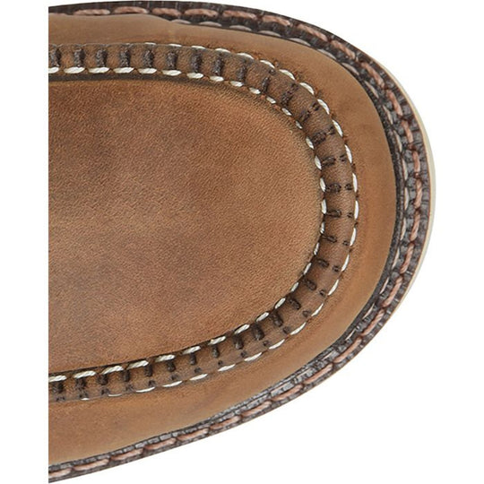 Brown moc-toe work boot with contrast stitching and textured welt