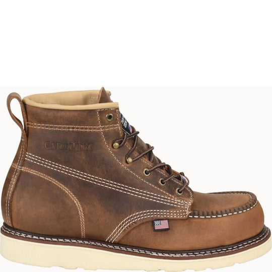 Brown leather lace-up work boot with moc toe, white stitching, and a side pull loop