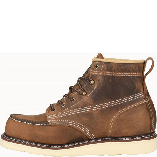 Brown leather moc toe work boot with white contrast stitching, lace-up front, and pull tab